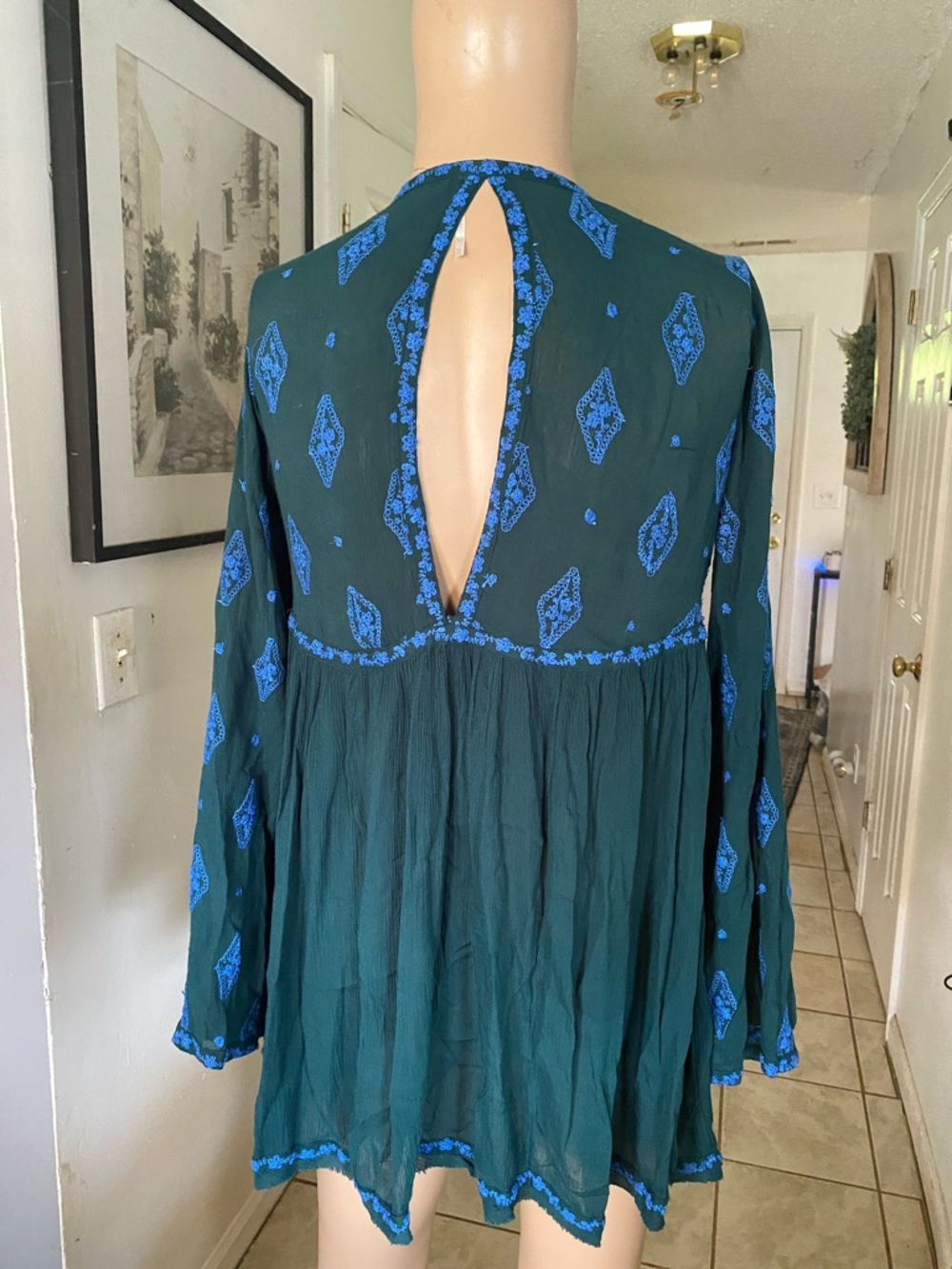 Free People Teal Top with Royal Blue Embroidery - Picture 5 of 7